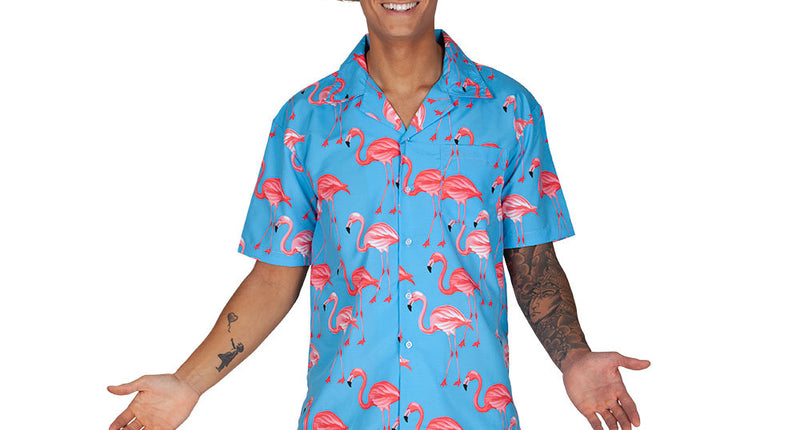 Wicked Costumes Hawaii shirt blauw met roze flamingo's