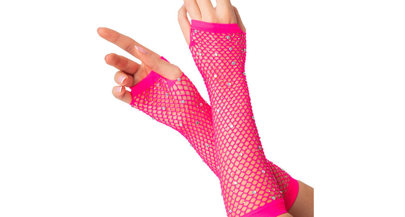 Wicked Costumes Lange net handschoenen met diamanten Mirte roze