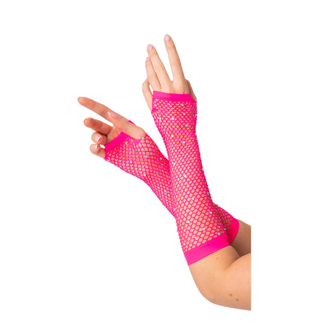 Wicked Costumes Lange net handschoenen met diamanten Mirte roze