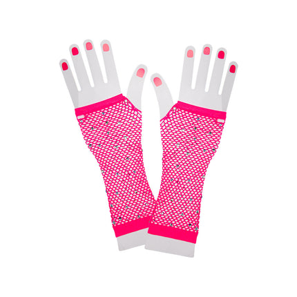 Wicked Costumes Lange net handschoenen met diamanten Mirte roze