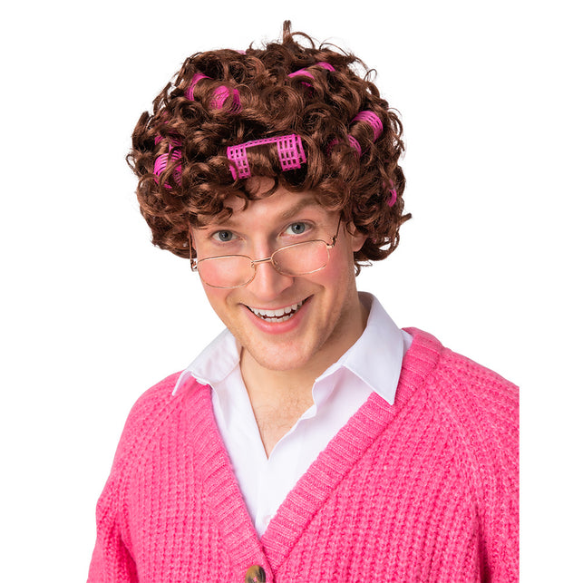 Wicked Costumes Oma pruik met rollers bruin