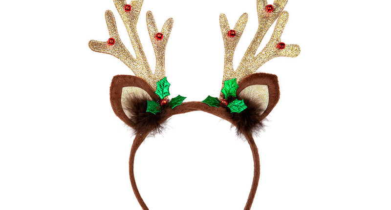 Rendiergewei deluxe met glitters, bruine diadeem met plush oren, goudglitter takken, rode belletjes en groene hulst