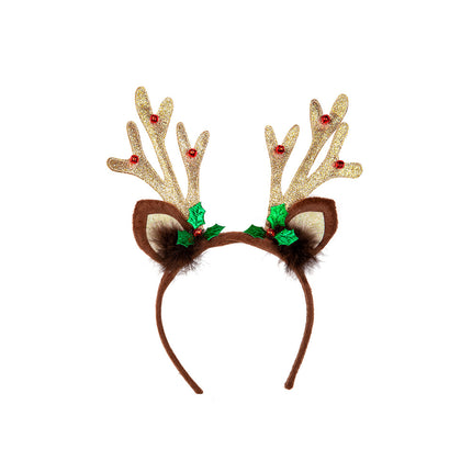 Rendiergewei deluxe met glitters, bruine diadeem met plush oren, goudglitter takken, rode belletjes en groene hulst