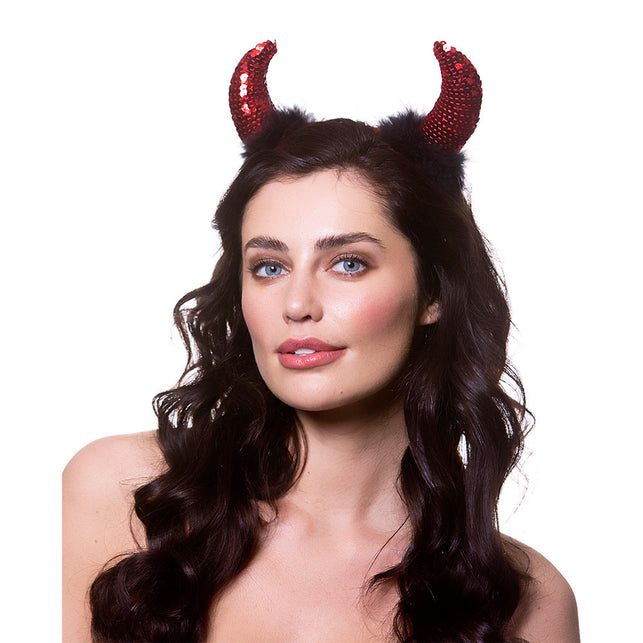 Wicked Costumes Rode duivelhoorns met pailleten op haarband