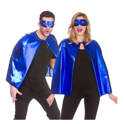 Wicked Costumes Super helden cape metallic met masker 60cm blauw