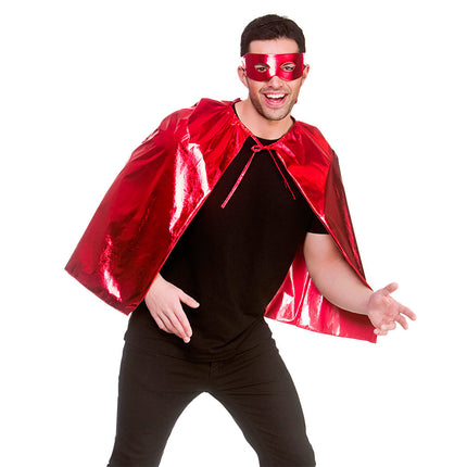 Wicked Costumes Super helden cape metallic met masker 60cm rood