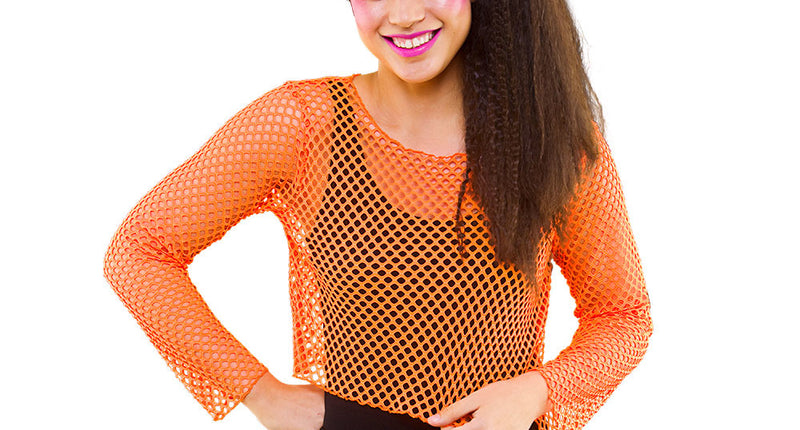 Wicked Costumes Visnet shirt Maud 80- jaren neon oranje