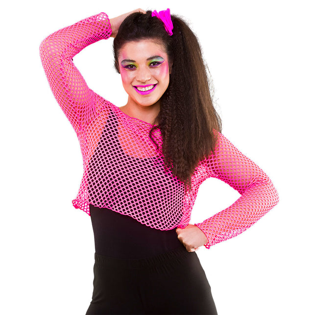 Wicked Costumes Visnet shirt Maud 80- jaren neon roze