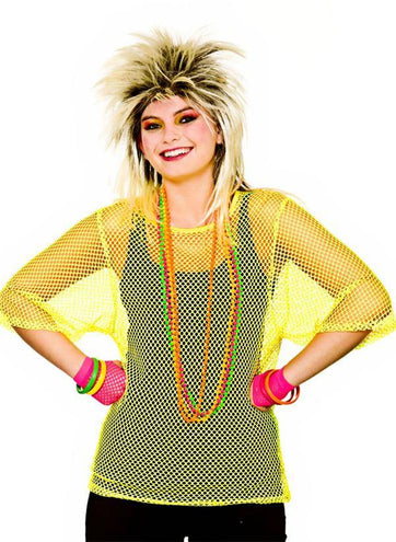 Wicked Costumes Visnet t-shirt 80-jaren neon geel