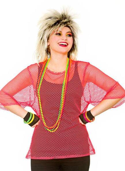 Wicked Costumes Visnet t-shirt 80-jaren neon roze