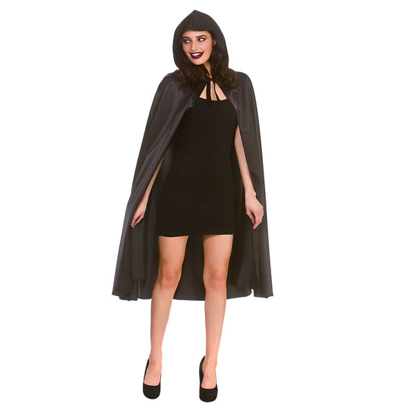 Wicked Costumes Zwarte cape mat kap satijn de luxe 110cm