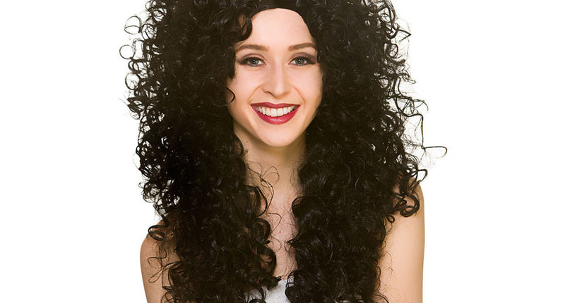 Wicked Costumes Zwarte lange pruik met krullen