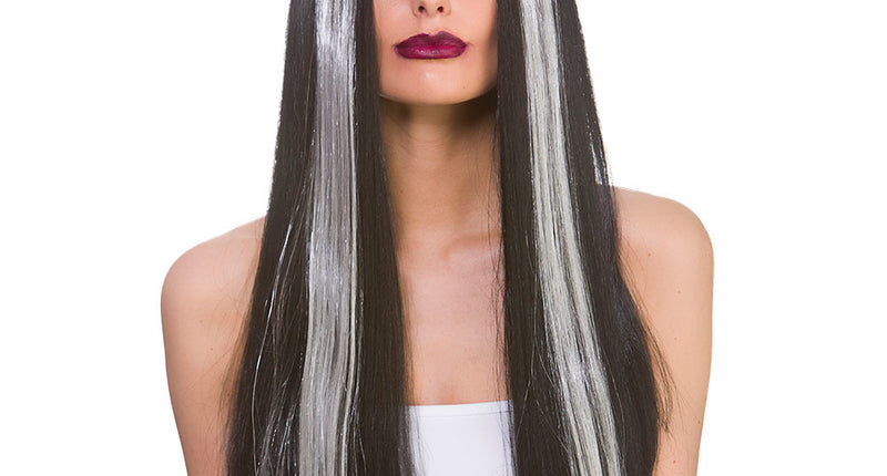 Wicked Costumes Zwarte pruik Rita lang haar en zilveren highlights